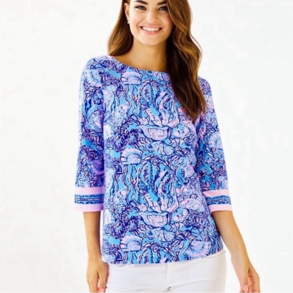 Lilly Pulitzer Waverly Top Lapis Lazuli Horseshoe Bay Preppy Resort Wear Beachy